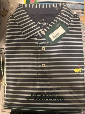 Masters Navy and White Striped Performance Polo